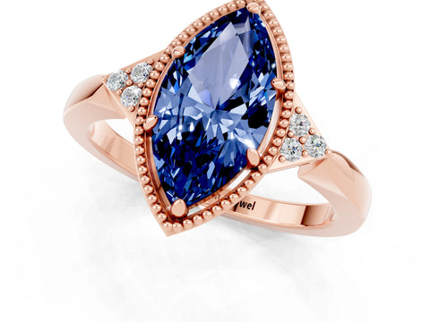 Rose gold Marquise Cut Blue Sapphire Halo Ring with Tapered Band and Four-Prong Setting_1