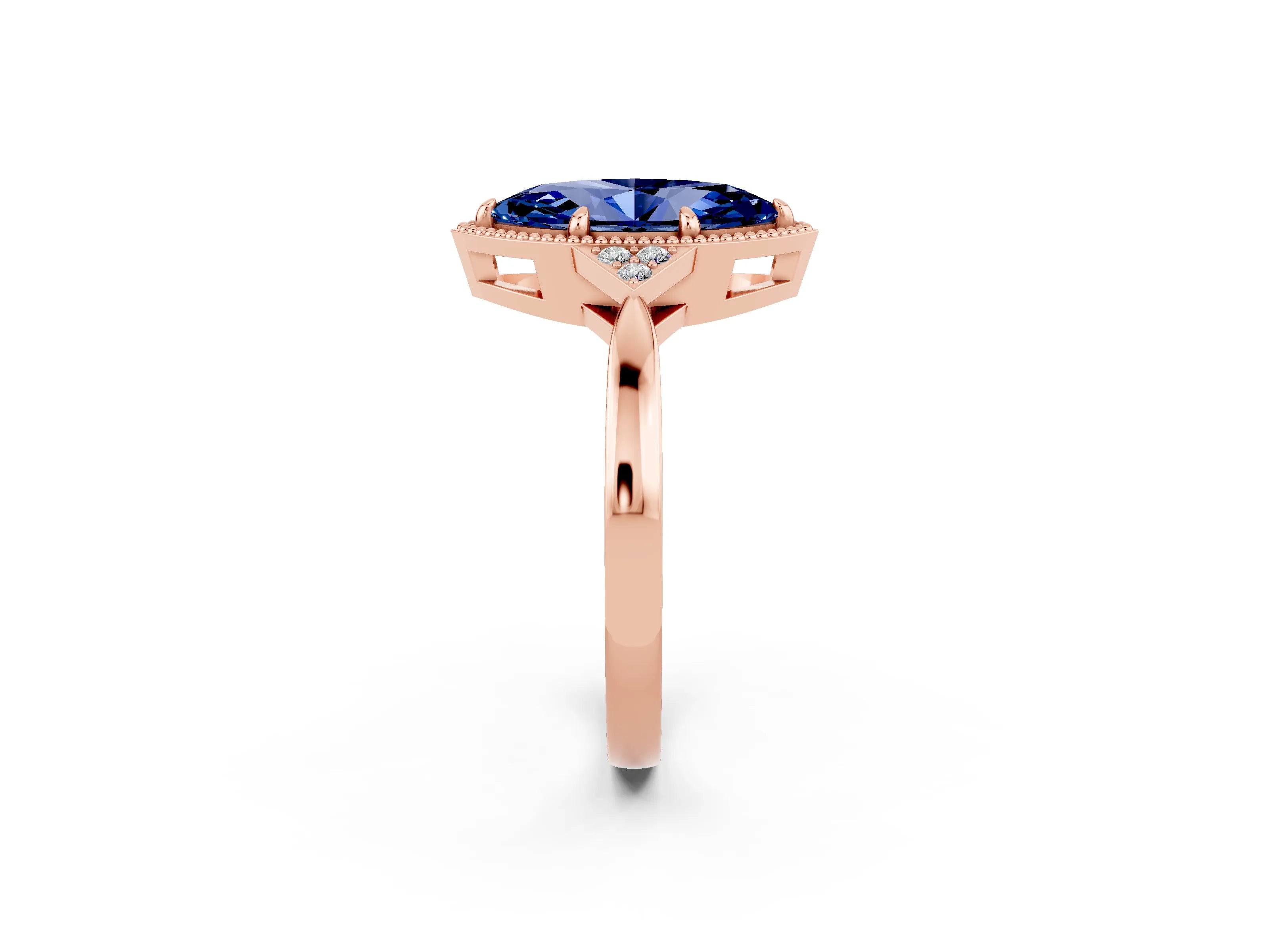 Rose gold Marquise Cut Blue Sapphire Halo Ring with Tapered Band and Four-Prong Setting_2