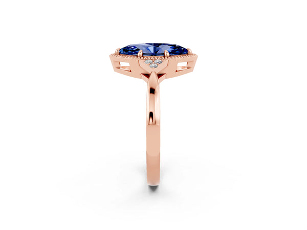 Rose gold Marquise Cut Blue Sapphire Halo Ring with Tapered Band and Four-Prong Setting