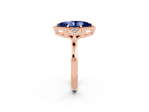 Rose gold Marquise Cut Blue Sapphire Halo Ring with Tapered Band and Four-Prong Setting_2