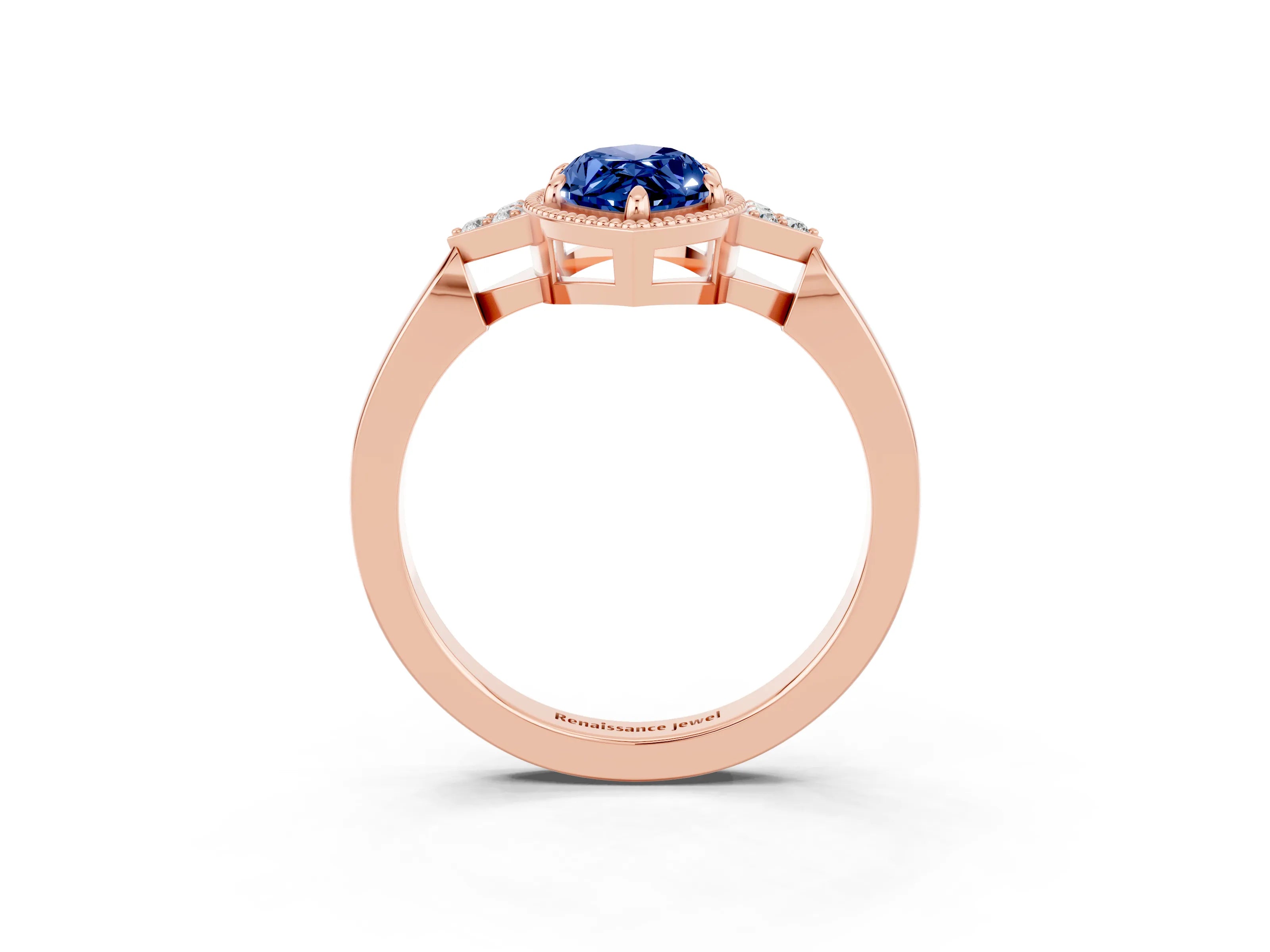 Rose gold Marquise Cut Blue Sapphire Halo Ring with Tapered Band and Four-Prong Setting_3