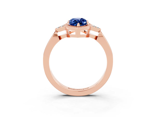 Rose gold Marquise Cut Blue Sapphire Halo Ring with Tapered Band and Four-Prong Setting
