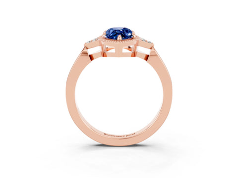 Rose gold Marquise Cut Blue Sapphire Halo Ring with Tapered Band and Four-Prong Setting_3