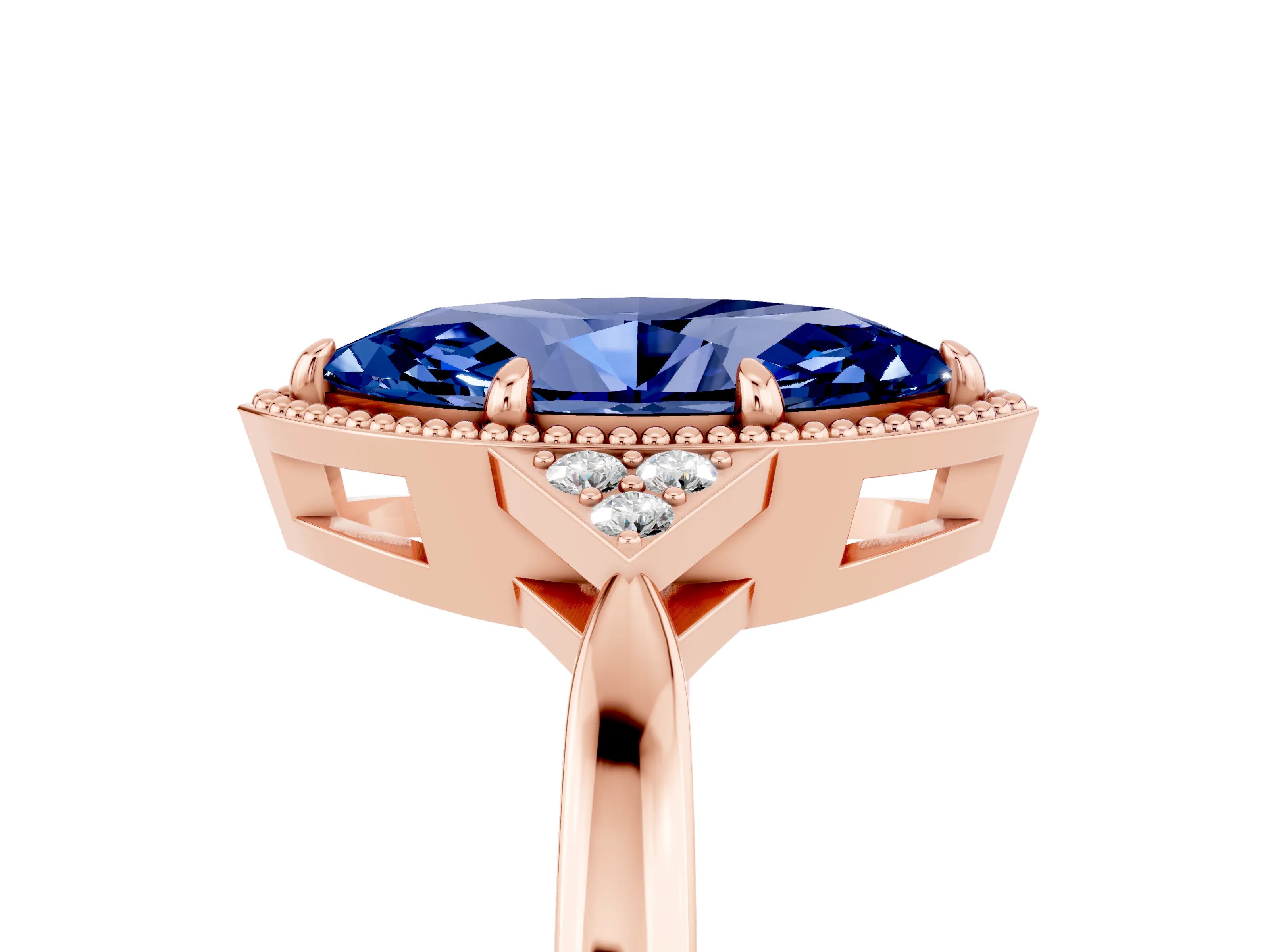 Rose gold Marquise Cut Blue Sapphire Halo Ring with Tapered Band and Four-Prong Setting_5