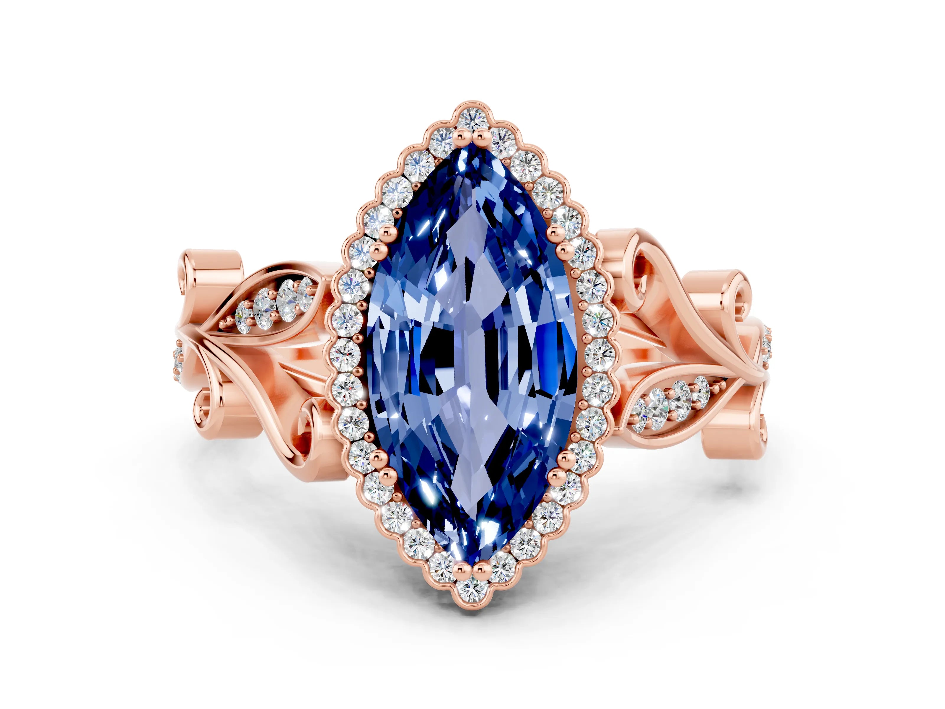 Rose gold Marquise Cut Blue Sapphire Halo Ring with Vintage Split Shank and Four-Prong Setting