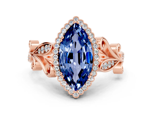 Rose gold Marquise Cut Blue Sapphire Halo Ring with Vintage Split Shank and Four-Prong Setting