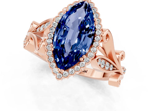 Rose gold Marquise Cut Blue Sapphire Halo Ring with Vintage Split Shank and Four-Prong Setting_1