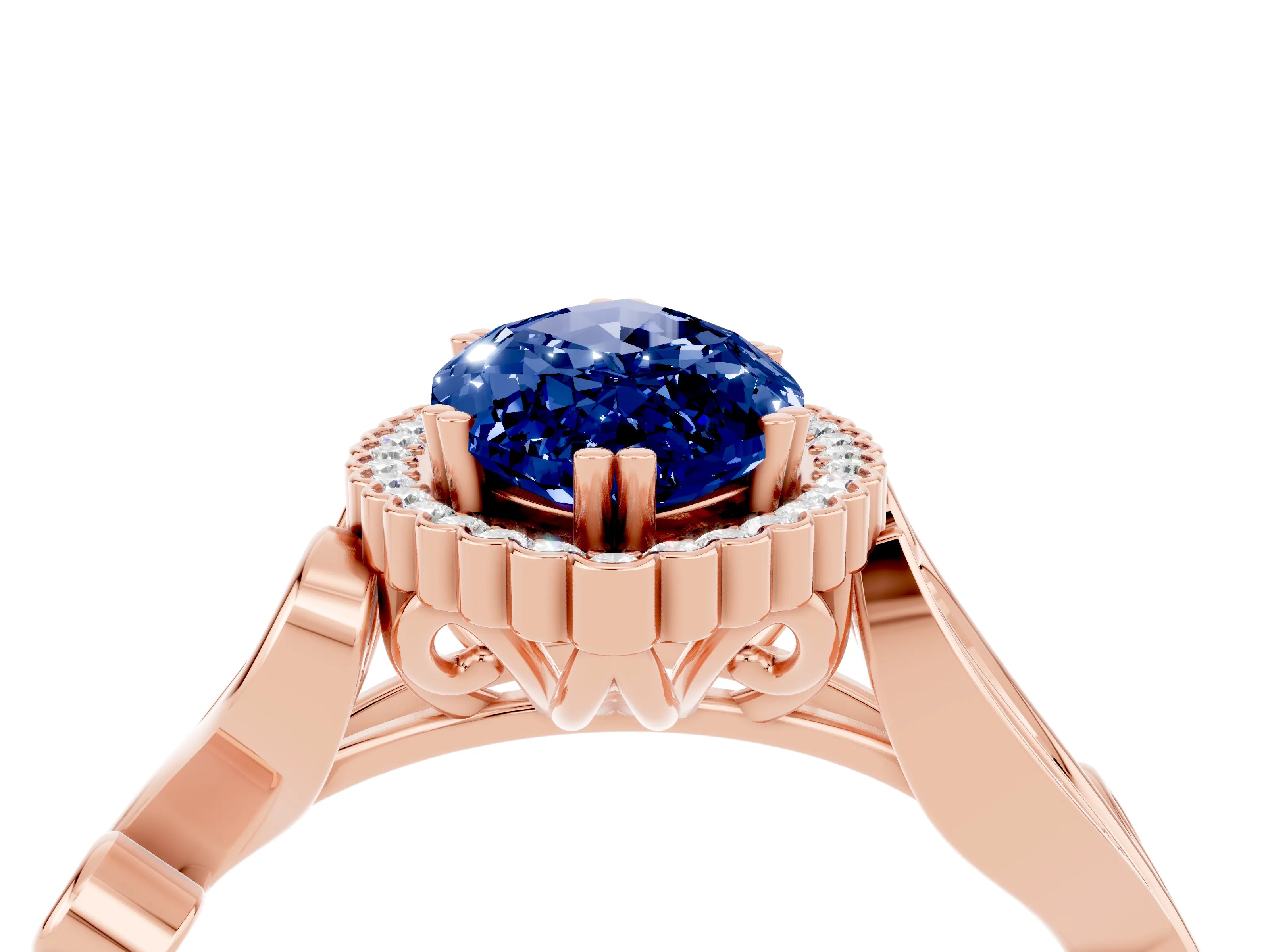 Rose gold Marquise Cut Blue Sapphire Halo Ring with Vintage Split Shank and Four-Prong Setting_4