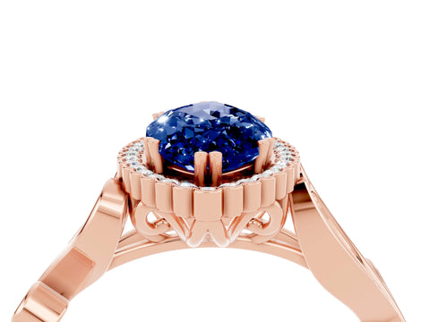 Rose gold Marquise Cut Blue Sapphire Halo Ring with Vintage Split Shank and Four-Prong Setting_4
