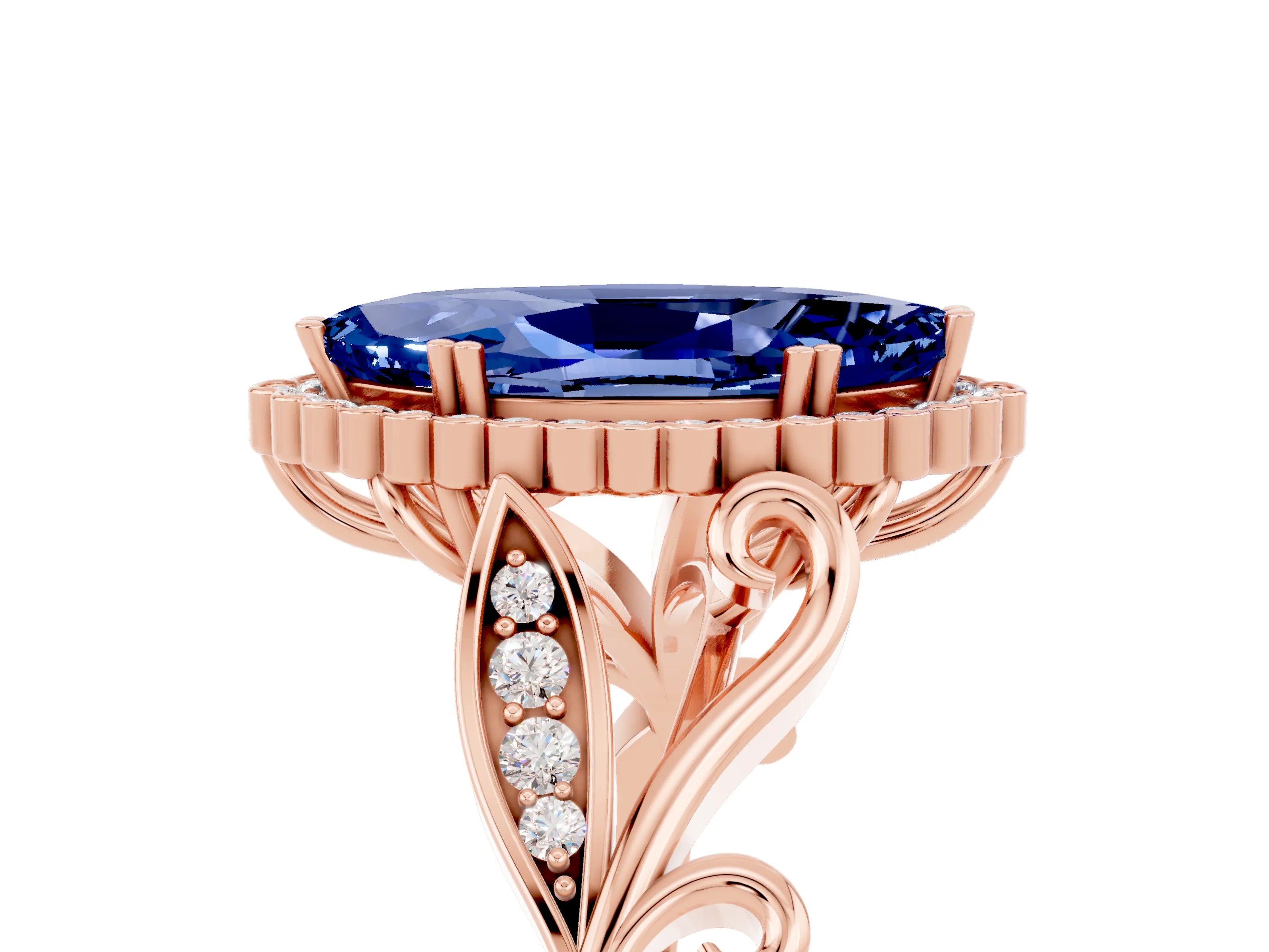 Rose gold Marquise Cut Blue Sapphire Halo Ring with Vintage Split Shank and Four-Prong Setting_5