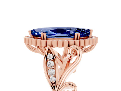 Rose gold Marquise Cut Blue Sapphire Halo Ring with Vintage Split Shank and Four-Prong Setting_5