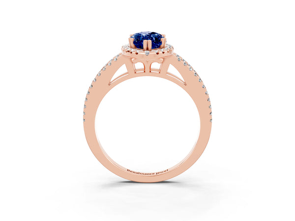 Rose gold Marquise Cut Blue Sapphire Halo Split Shank Engagement Ring
