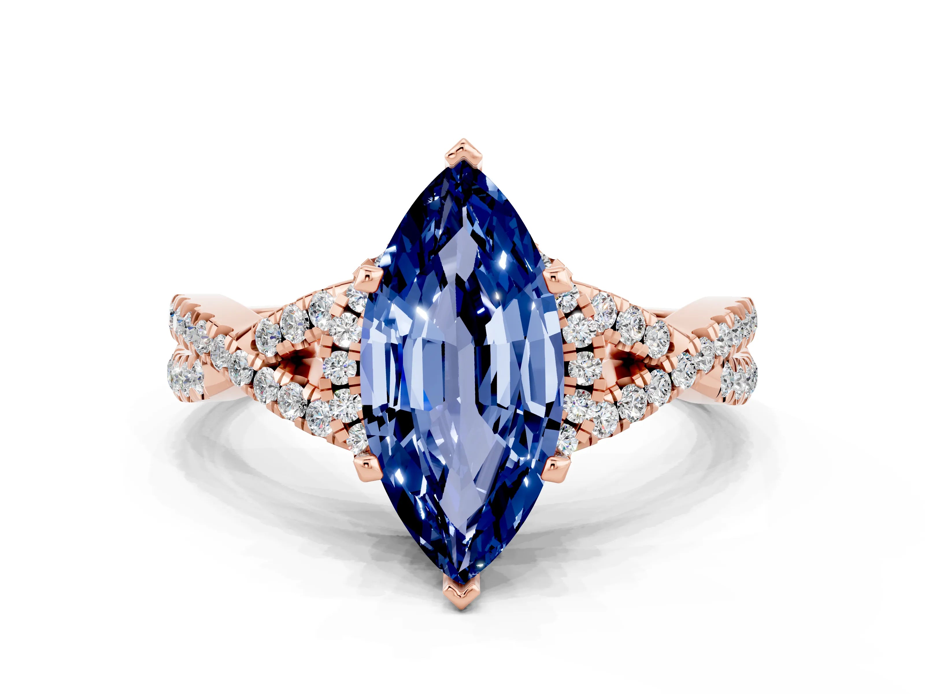 Rose gold Marquise Cut Blue Sapphire Halo Twist Band Solitaire Prong Setting Ring