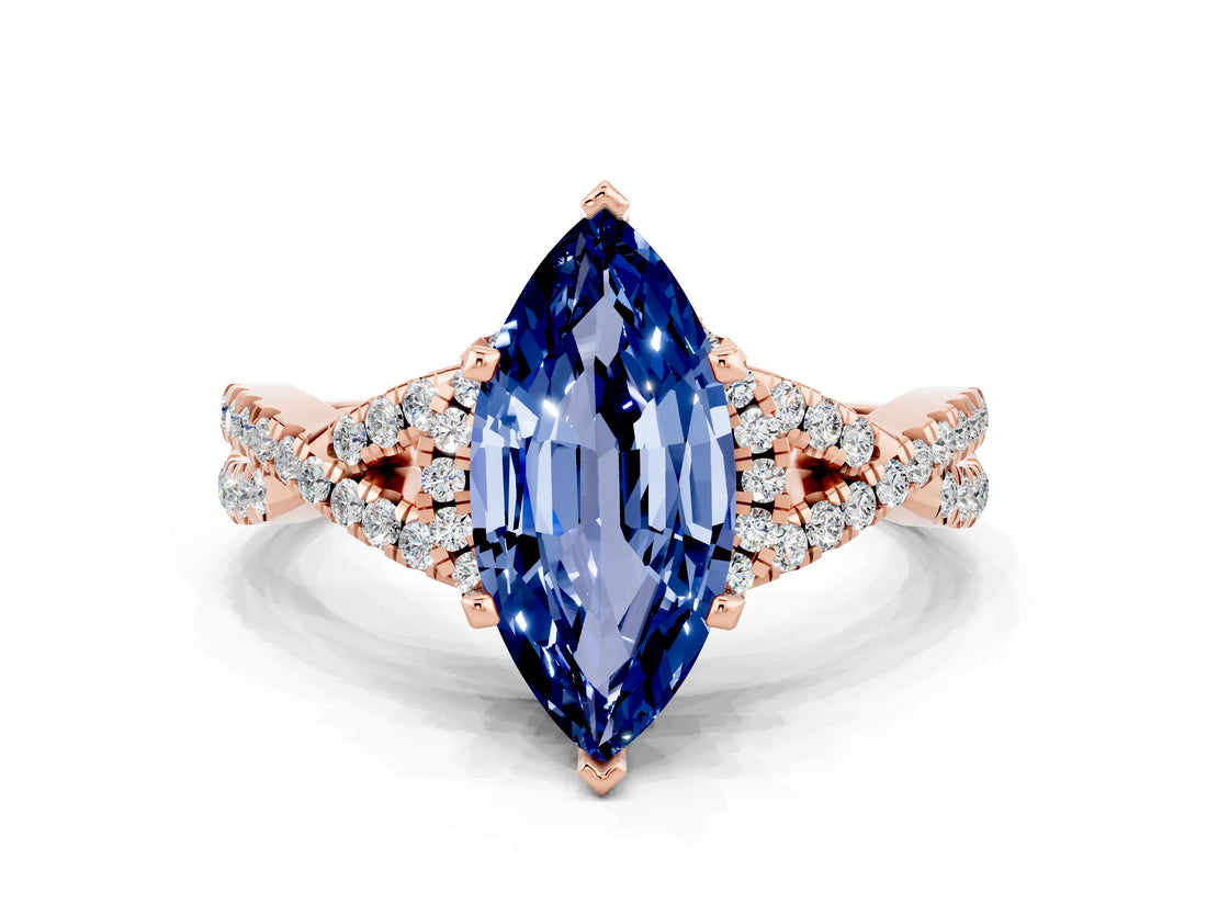 Rose gold Marquise Cut Blue Sapphire Halo Twist Band Solitaire Prong Setting Ring