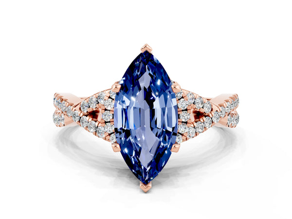 Rose gold Marquise Cut Blue Sapphire  Halo Twist Band Solitaire Prong Setting Ring