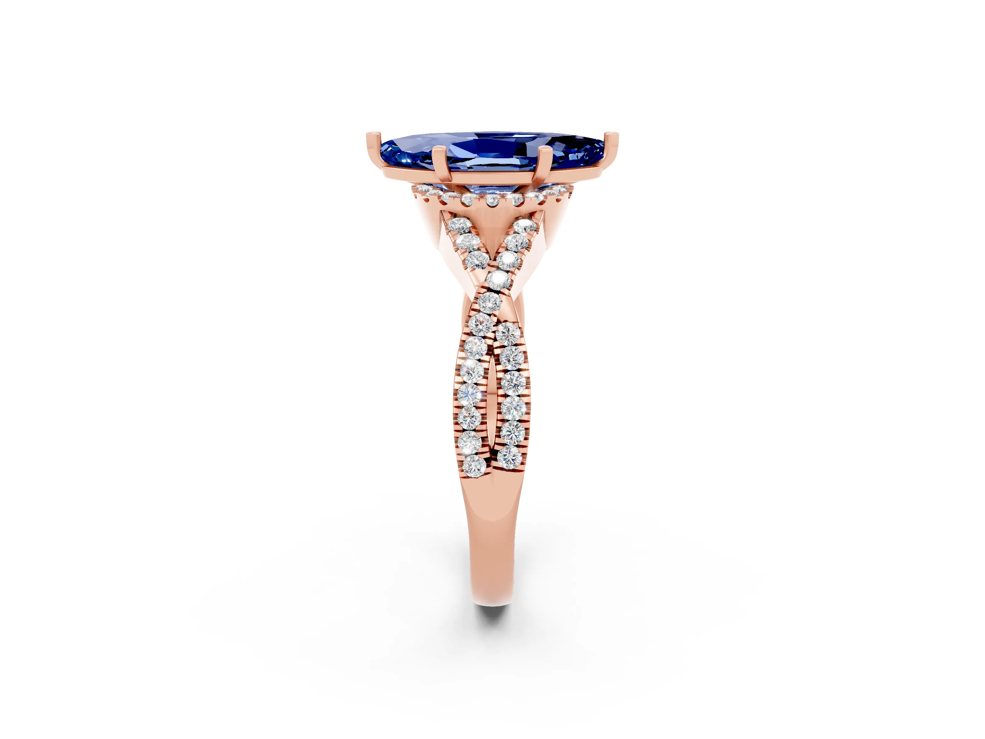 Rose gold Marquise Cut Blue Sapphire Halo Twist Band Solitaire Prong Setting Ring_2