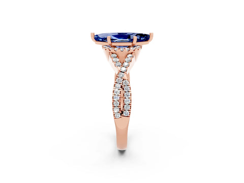 Rose gold Marquise Cut Blue Sapphire Halo Twist Band Solitaire Prong Setting Ring_2