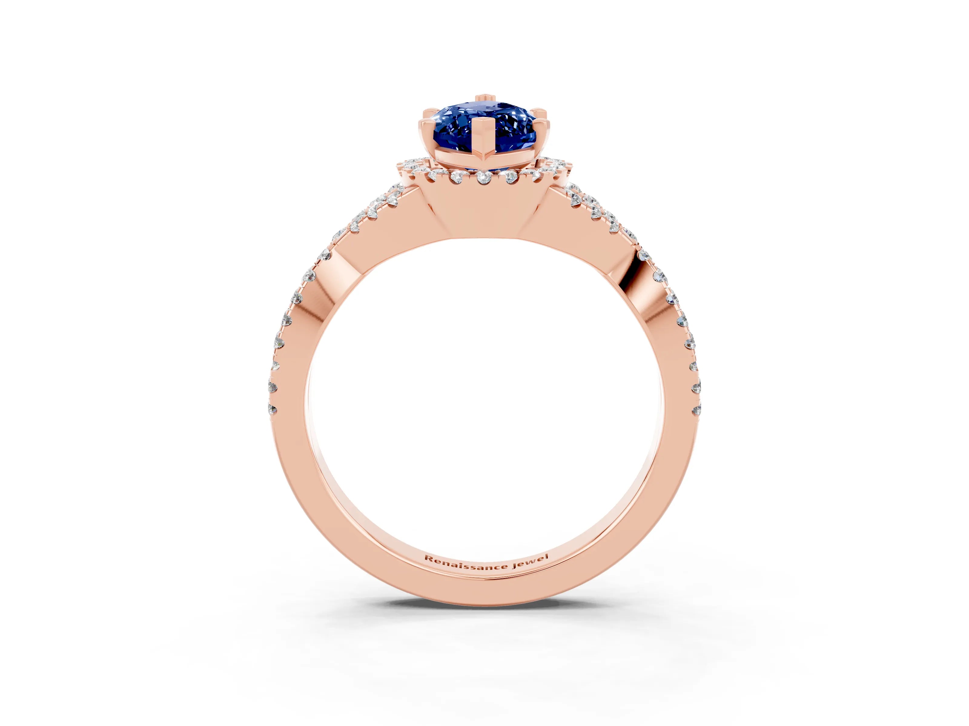 Rose gold Marquise Cut Blue Sapphire Halo Twist Band Solitaire Prong Setting Ring_3