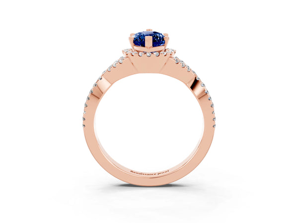 Rose gold Marquise Cut Blue Sapphire  Halo Twist Band Solitaire Prong Setting Ring