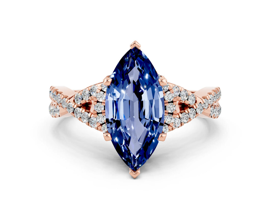 Rose gold Marquise Cut Blue Sapphire  Halo Twist Band Solitaire Prong Setting Ring_36