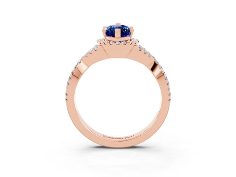 Rose gold Marquise Cut Blue Sapphire Halo Twist Band Solitaire Prong Setting Ring_3
