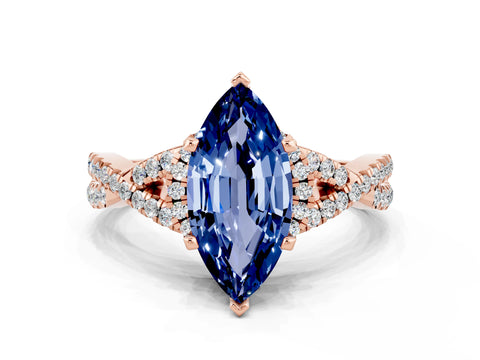 Rose gold Marquise Cut Blue Sapphire Halo Twist Band Solitaire Prong Setting Ring