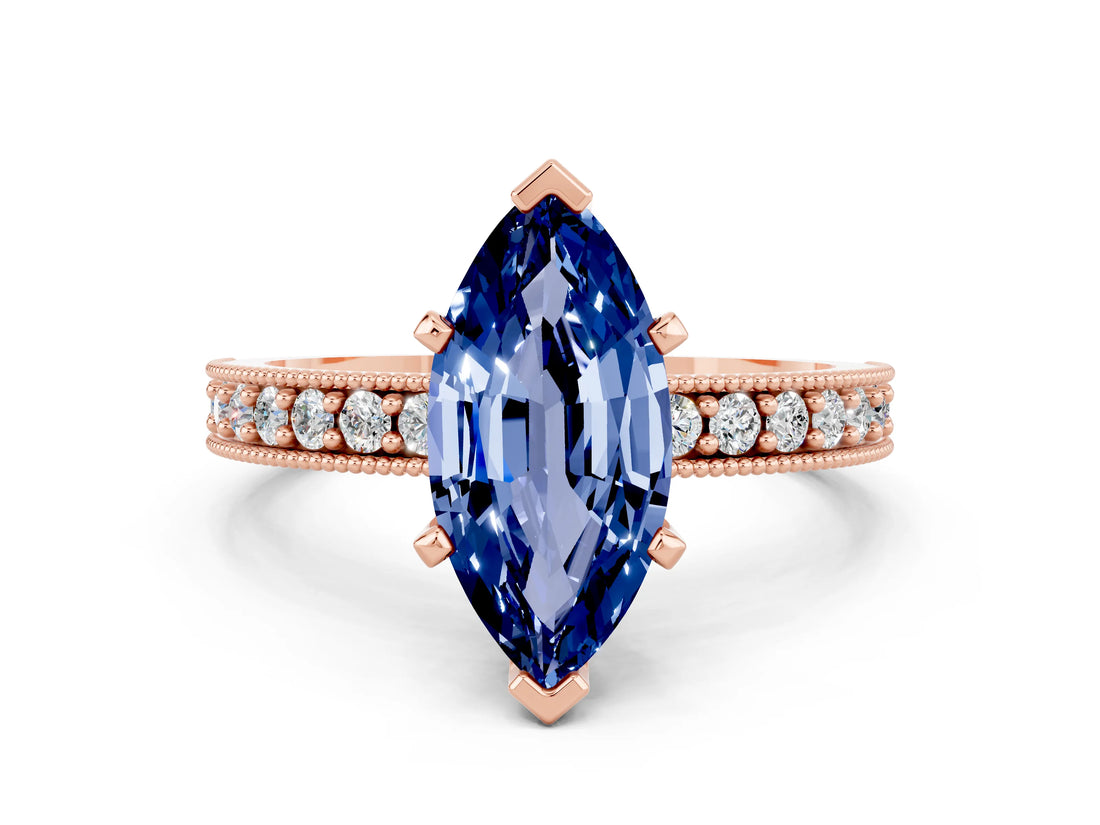 Rose gold Marquise Cut Blue Sapphire Milgrain Pavé Engagement Ring with Four-Prong Setting