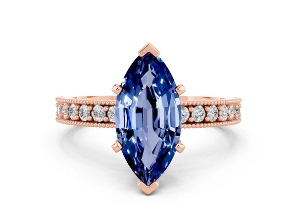 Rose gold Marquise Cut Blue Sapphire Milgrain Pavé Engagement Ring with Four-Prong Setting