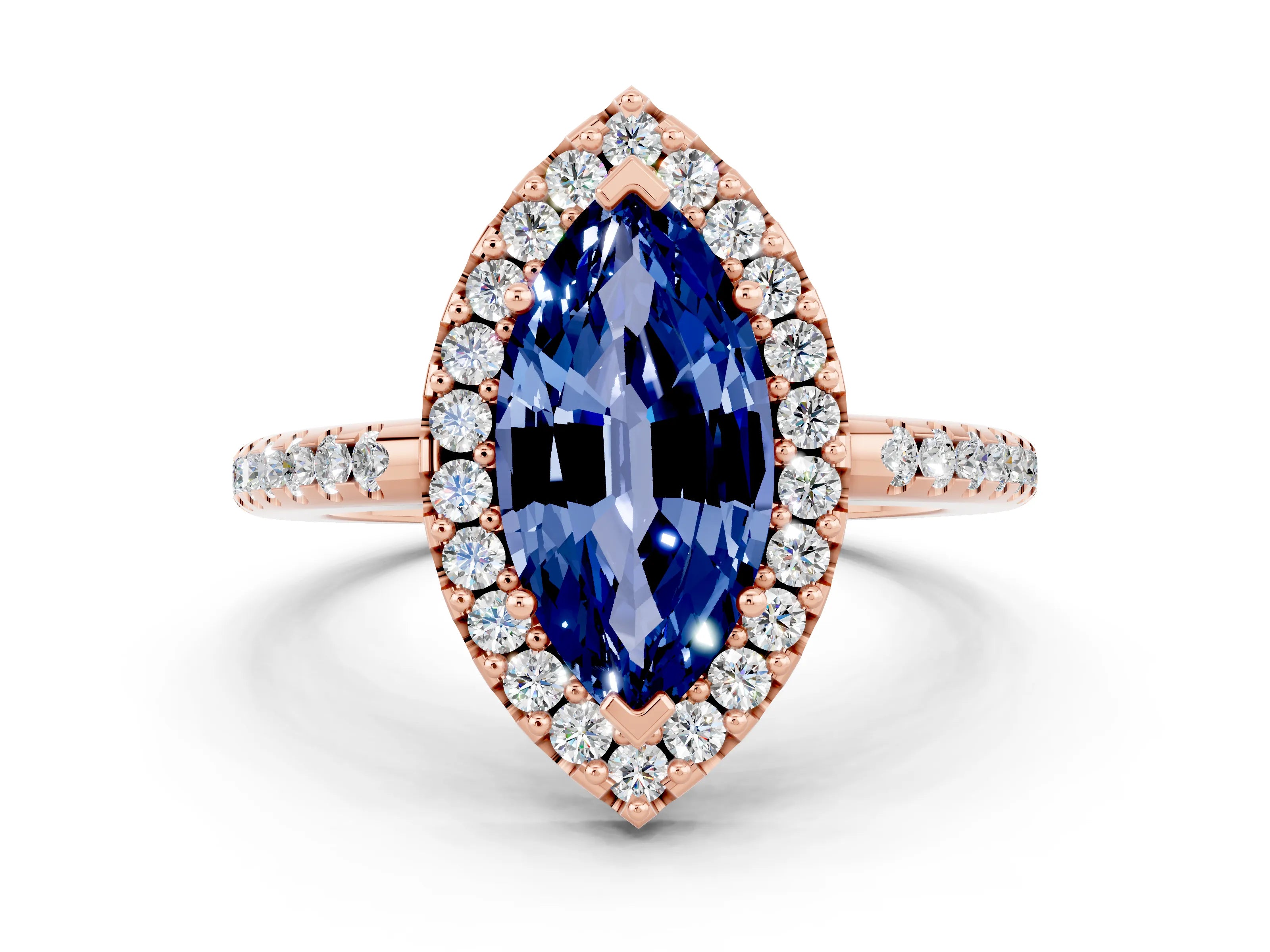 Rose gold Marquise Cut Blue Sapphire Pavé Halo Ring with Four-Prong Setting_12