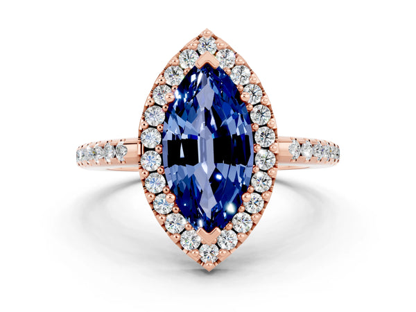 Rose gold Marquise Cut Blue Sapphire Pavé Halo Ring with Four-Prong Setting