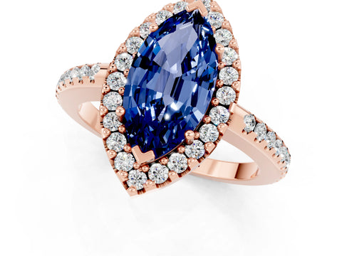 Rose gold Marquise Cut Blue Sapphire Pavé Halo Ring with Four-Prong Setting_13