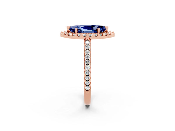 Rose gold Marquise Cut Blue Sapphire Pavé Halo Ring with Four-Prong Setting