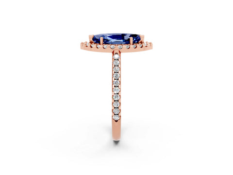 Rose gold Marquise Cut Blue Sapphire Pavé Halo Ring with Four-Prong Setting_14
