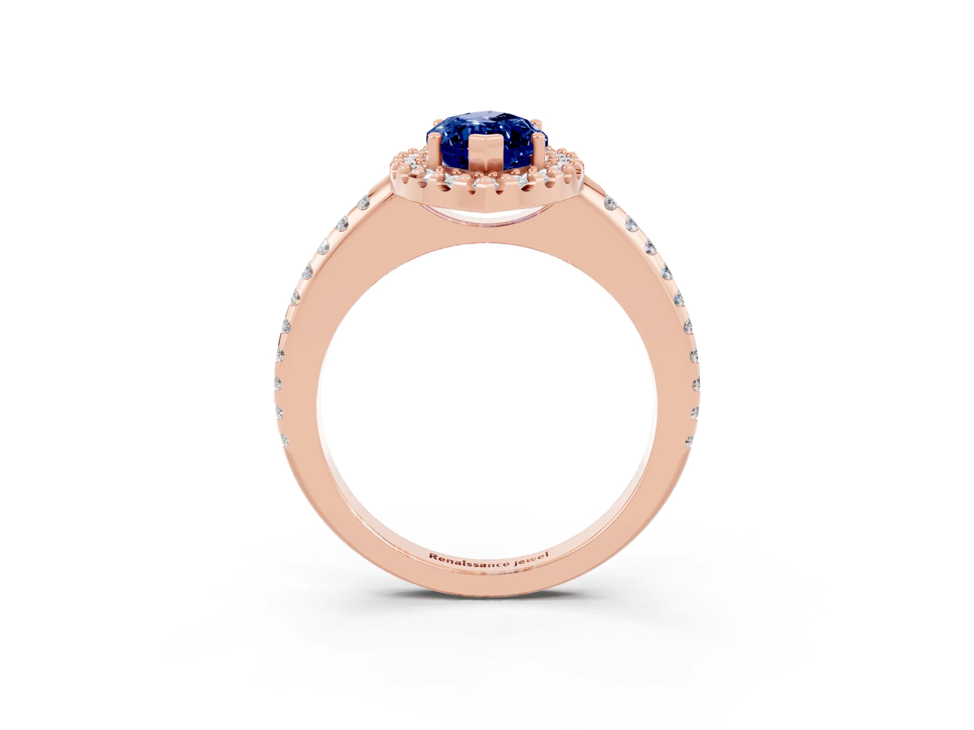 Rose gold Marquise Cut Blue Sapphire Pavé Halo Ring with Four-Prong Setting_15