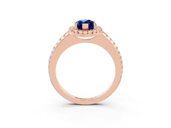 Rose gold Marquise Cut Blue Sapphire Pavé Halo Ring with Four-Prong Setting