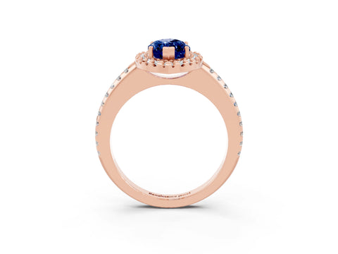 Rose gold Marquise Cut Blue Sapphire Pavé Halo Ring with Four-Prong Setting_15