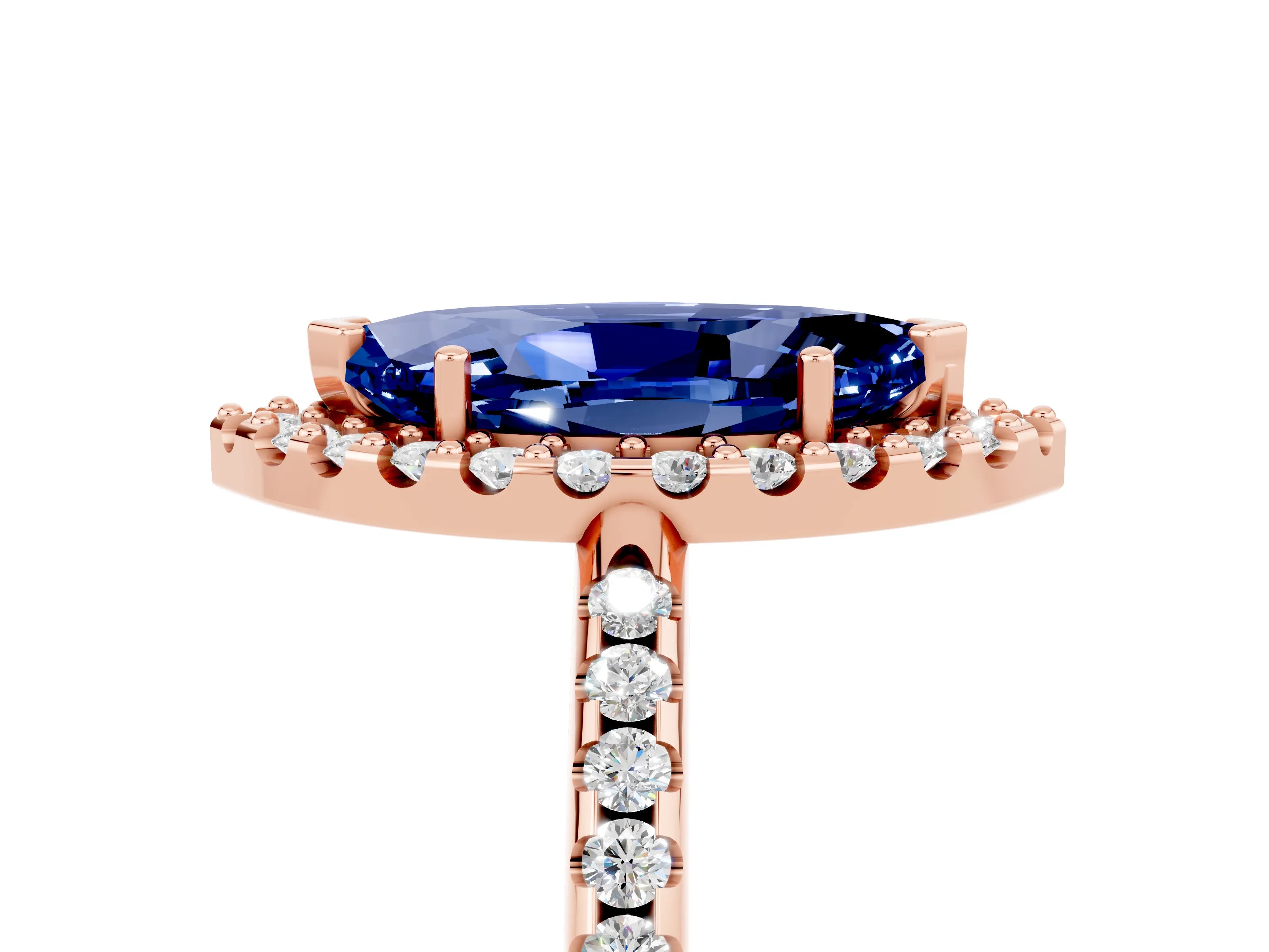 Rose gold Marquise Cut Blue Sapphire Pavé Halo Ring with Four-Prong Setting_17