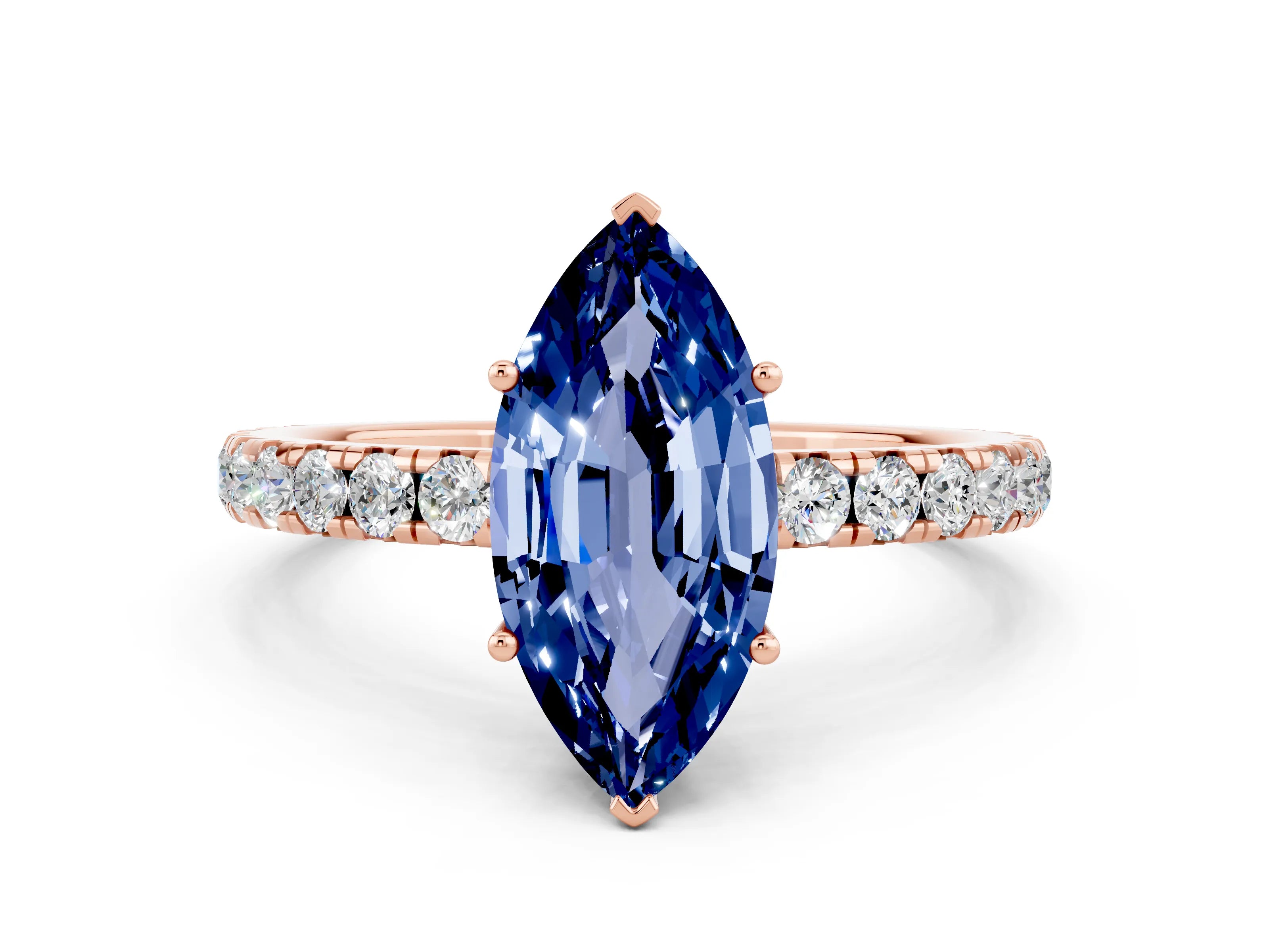 Rose gold Marquise Cut Blue Sapphire Pavé Solitaire Engagement Ring with Four-Prong Setting_12
