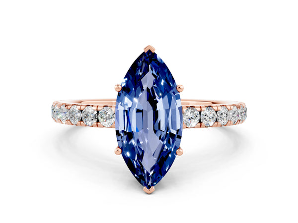 Rose gold Marquise Cut Blue Sapphire Pavé Solitaire Engagement Ring with Four-Prong Setting