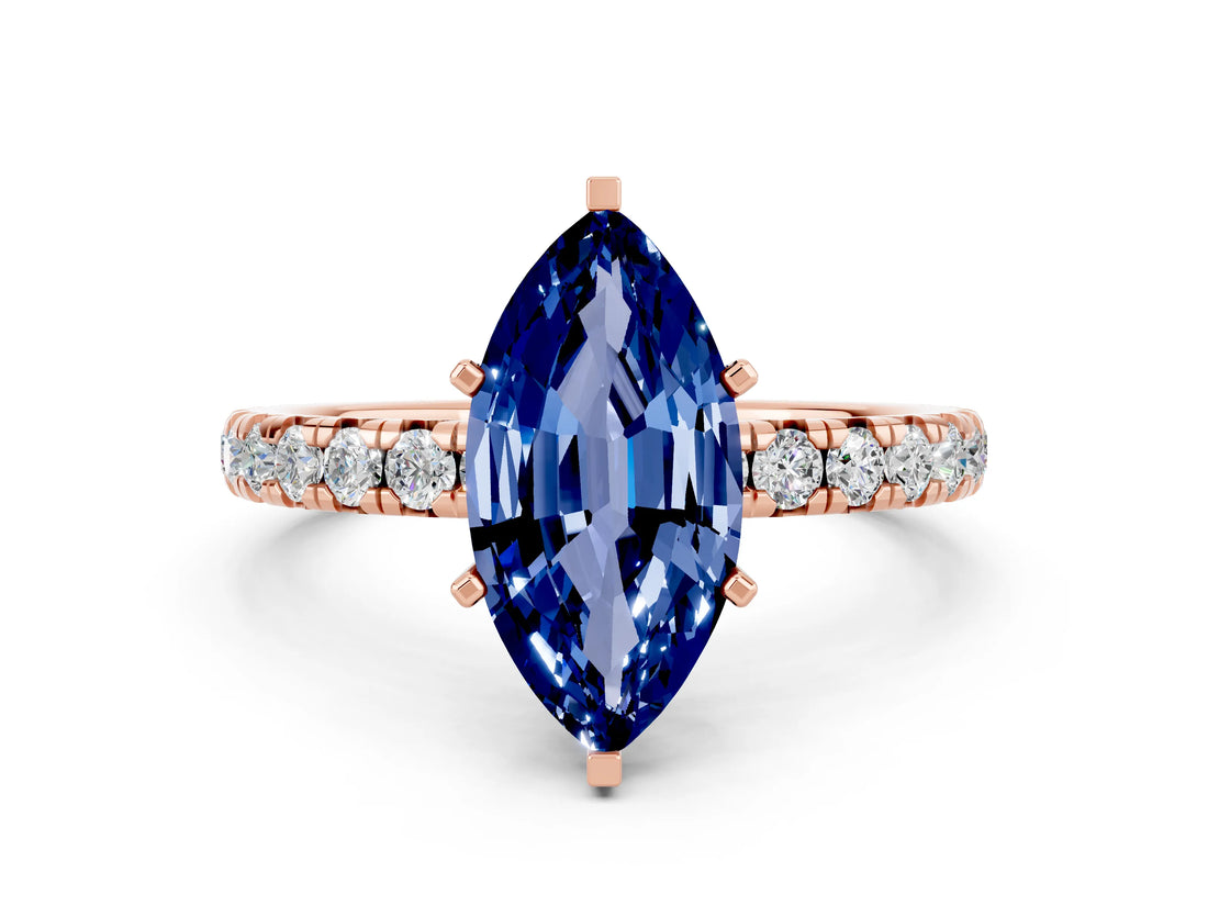 Rose gold Marquise Cut Blue Sapphire Pavé Solitaire Ring with Round Band and Prong Setting_24