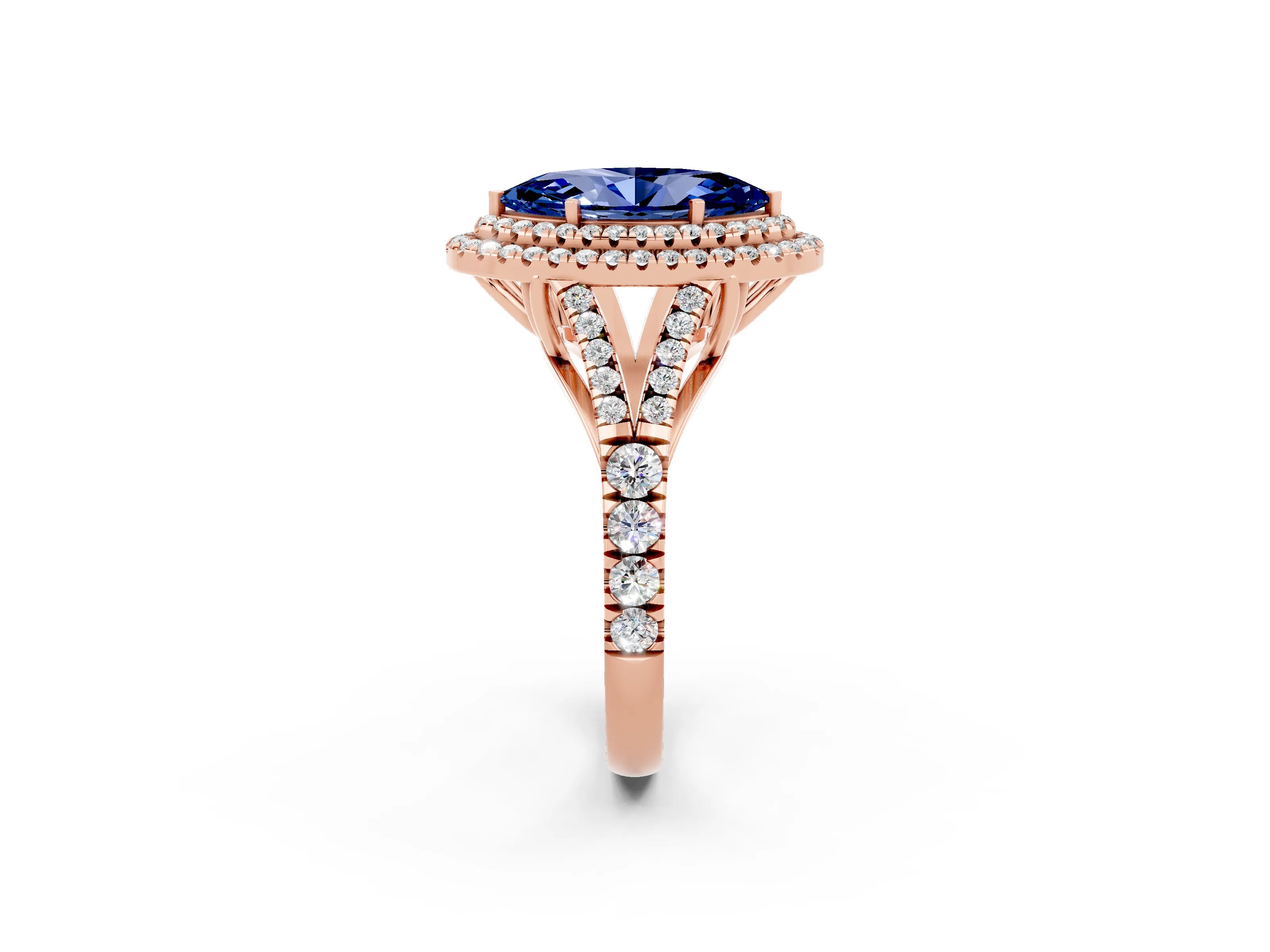 Rose gold Marquise Cut Blue Sapphire Pavé Split Shank Double Halo Engagement Ring_2