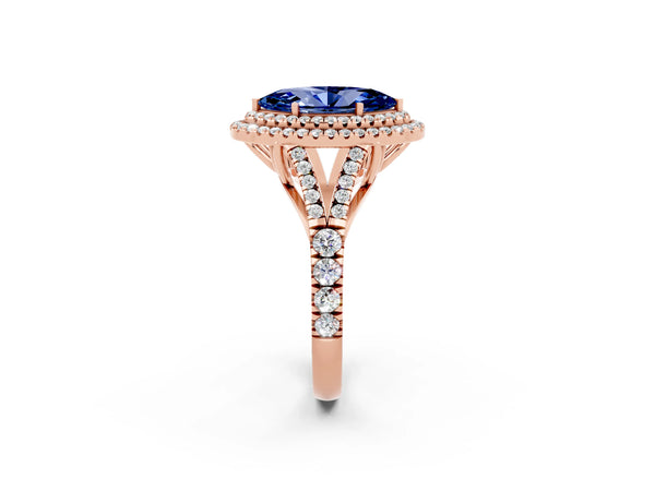 Rose gold Marquise Cut Blue Sapphire Pavé Split Shank Double Halo Engagement Ring