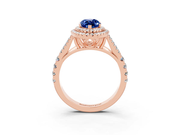 Rose gold Marquise Cut Blue Sapphire Pavé Split Shank Double Halo Engagement Ring