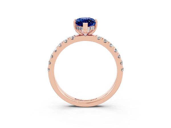 Rose gold Marquise Cut Blue Sapphire Pave Band Solitaire Ring with Round  and Prong Setting