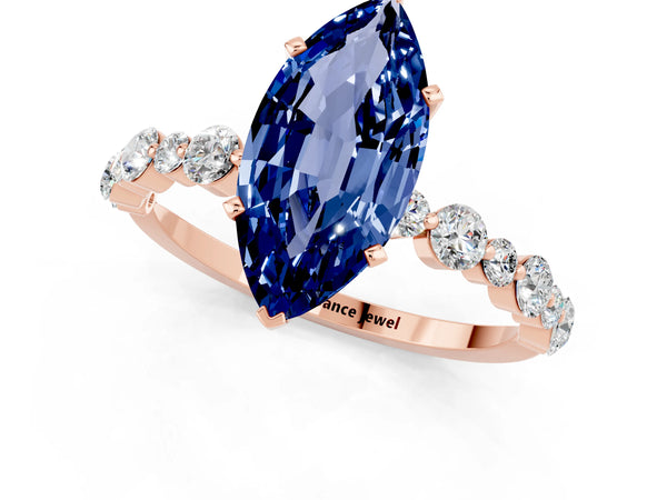 Rose gold Marquise Cut Blue Sapphire Prong Set Engagement Ring with Pavé Band