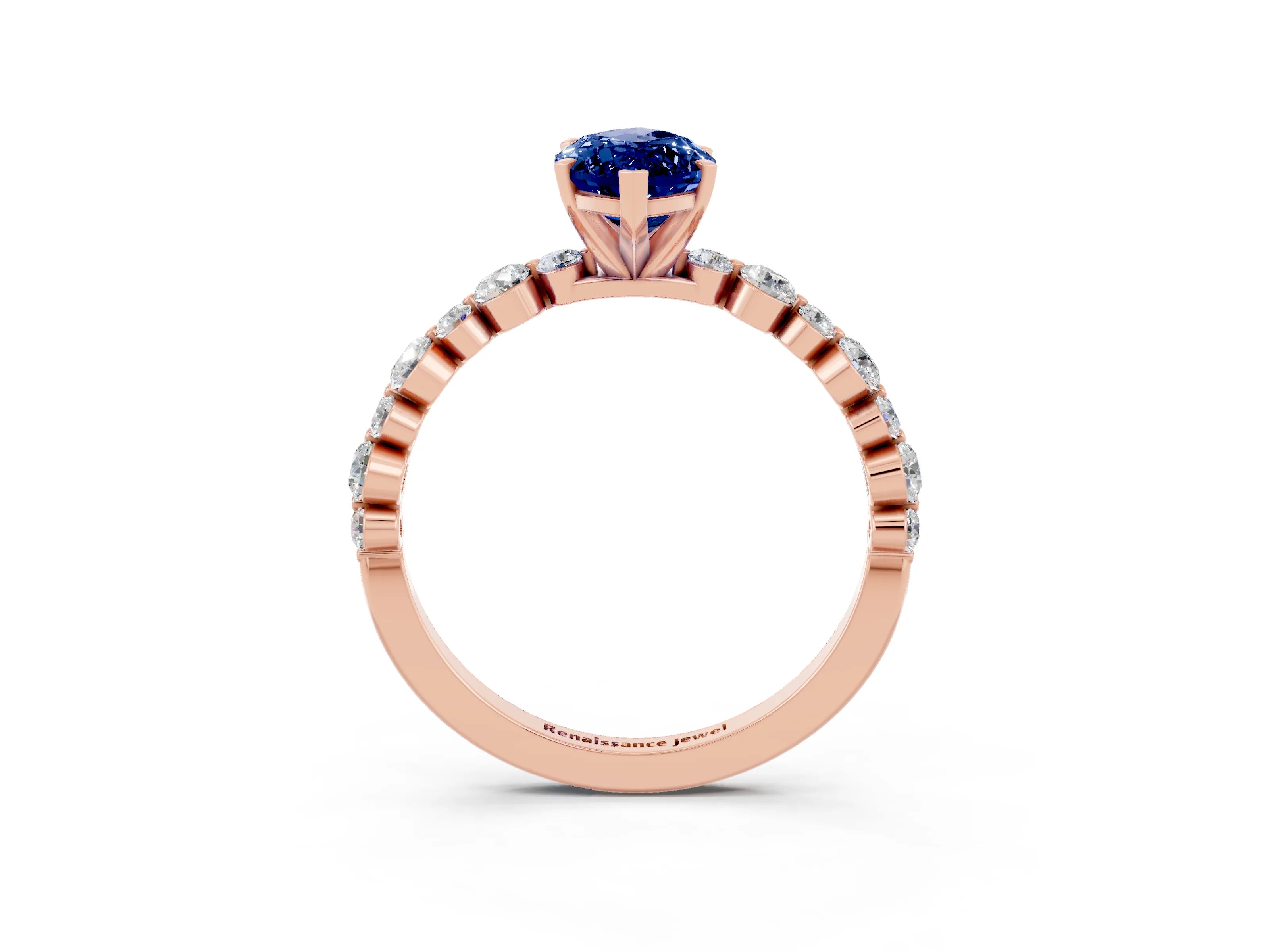 Rose gold Marquise Cut Blue Sapphire Prong Set Engagement Ring with Pavé Band_3