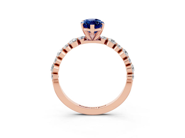 Rose gold Marquise Cut Blue Sapphire Prong Set Engagement Ring with Pavé Band