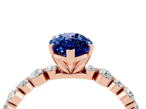 Rose gold Marquise Cut Blue Sapphire Prong Set Engagement Ring with Pavé Band_4