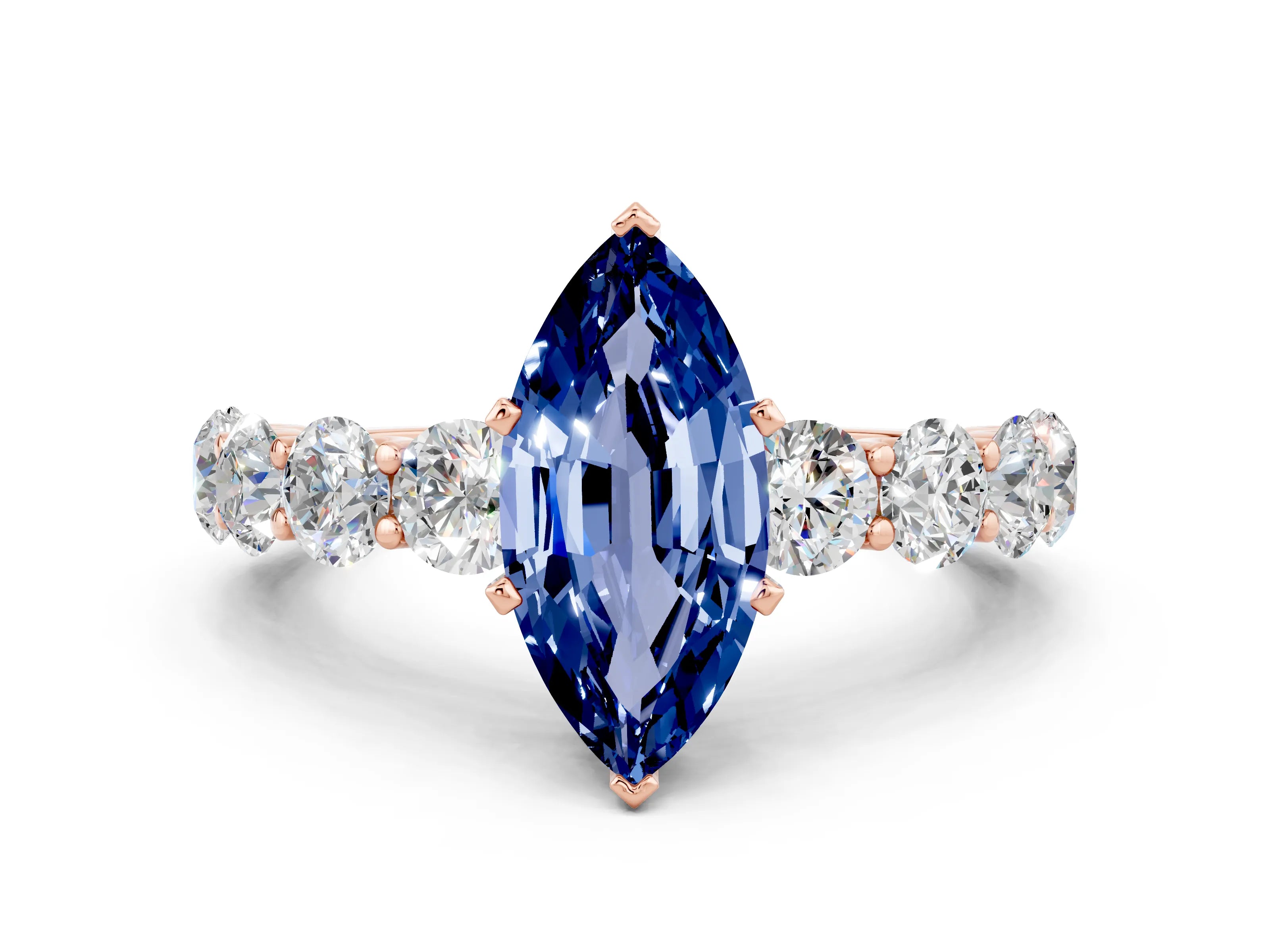 Rose gold Marquise Cut Blue Sapphire Prong Setting with Side Stones on a Pave Band