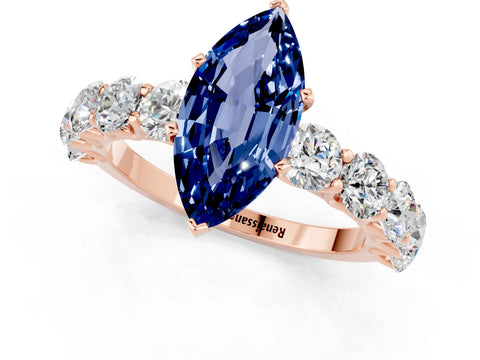 Rose gold Marquise Cut Blue Sapphire Prong Setting with Side Stones on a Pave Band_1